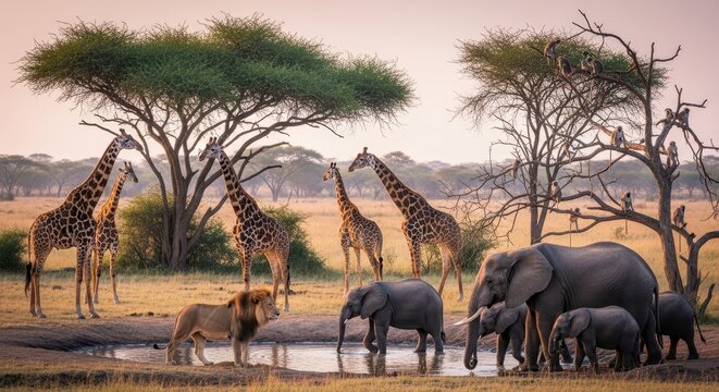 Giraffes, elephants, and a lion gathered at a watering hole in the African savanna