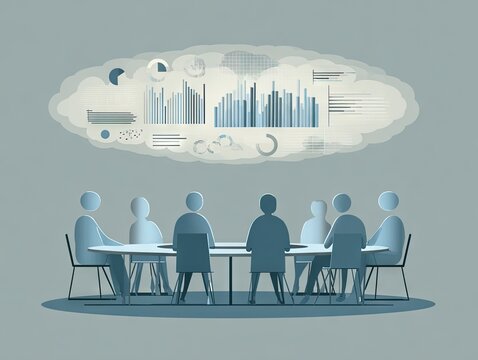 Conceptual business meeting with seated figures analyzing shared cloud-based data visualizations represented in floating graphs and charts above table