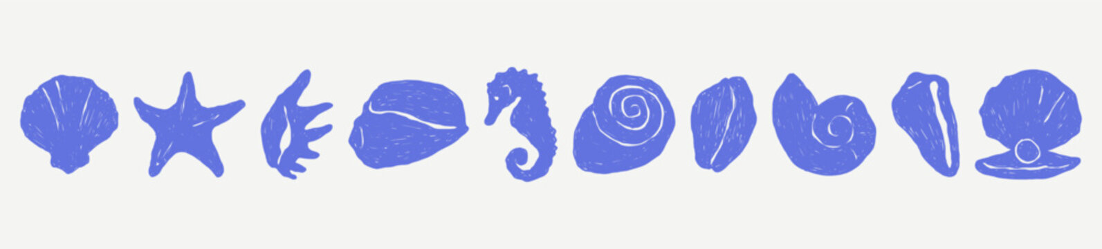 Blue sea shell silhouette icon set. Abstract hand drawn vector logotype. Minimalist illustration of clam, conch, cockle, scallop shells. Summer tropical ink doodle element symbol.