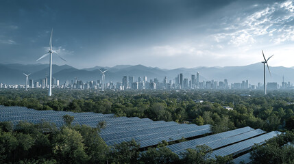 City skyline with wind turbines and solar panel array view.