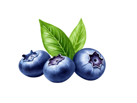 Three blueberries with leaves isolated on transparent background