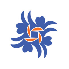 Colorful floral swirl emblem with bold blue and orange shapes 
