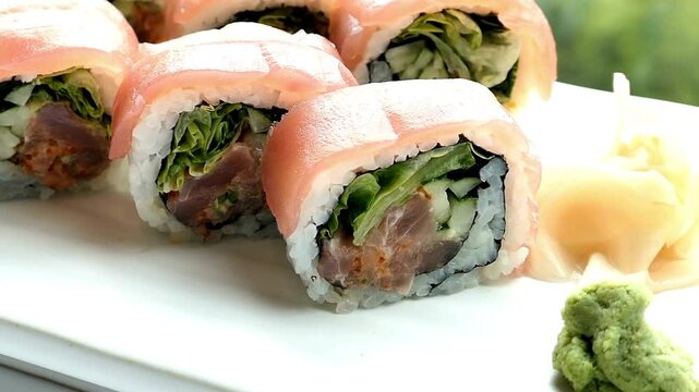 Delicious Pink Salmon Sushi Roll with Wasabi and Ginger