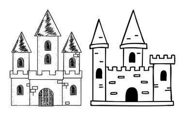 Vector Detailed illustrations of fairytale castles with towers and arched doorways.
