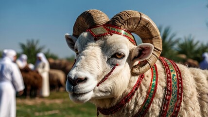 Decorated ram for the Muslim Feast of Sacrifice, Eid ul Adha.