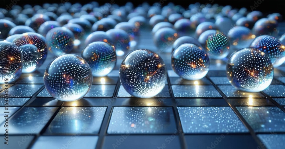 Poster Glowing spheres rest upon grid. Digital lights reflect, creating futuristic scene. Dark background emphasizes bright elements.