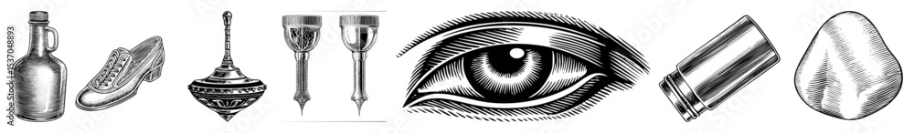 Poster vector engraved collection of vintage objects an eye and abstract shapes.