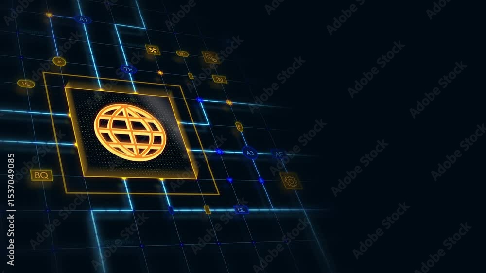 Aufkleber orange 3d world globe line in a square with glowing circuit, line connections and blue grid at the l