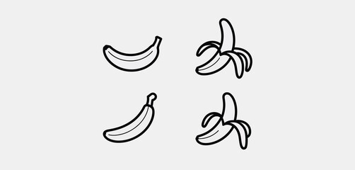 Simple banana icons whole and peeled line art