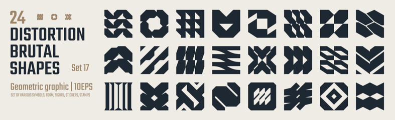 Fototapeta na wymiar Postmodern abstract geometric graphic elements, Refraction and distortion glass effect various form, Brutalist vector shapes, trendy retro design symbols in Y2K aesthetics, vintage stickers, set 17
