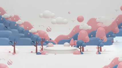 Abstract Pastel Landscape with Clouds Trees and Podium Display