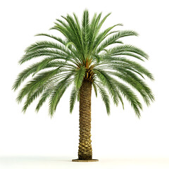 Obraz premium Date palm tree isolated on white background with straight trunk and green leaves, studio lighting