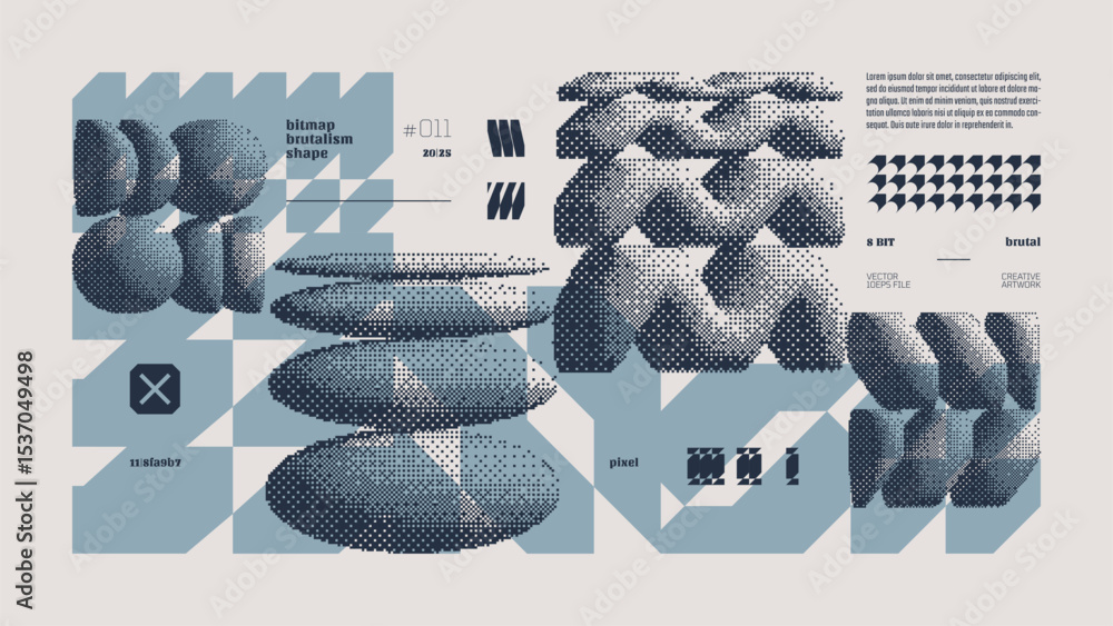 Poster dithering bitmap abstract vector color background with postmodern geometric graphic brutalism shapes