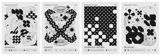 Brutalism style vector minimalistic Posters with silhouette postmodern figures, Futuristic abstract graphic wireframe elements of geometric shapes rave composition, Trendy modern print artwork set 89