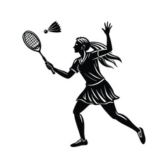 Black Silhouette Female Badminton Player Striking Shuttlecock White Background Sport Action Graphic woman