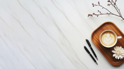 Elevated Morning Routine with Coffee and Pens on Marble Surface