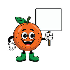 Create a cartoon illustration of a cheerful orange fruit character with big, expressive eyes and a wide smile. The orange has green gloves, green boots, and a green leaf stem on top of its head.