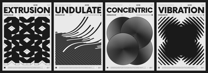 Modern abstract poster collection, vector minimalist posters with geometric shapes in black and white, brutalist style inspired graphics, bold aesthetic, shape distortion effect set 18
