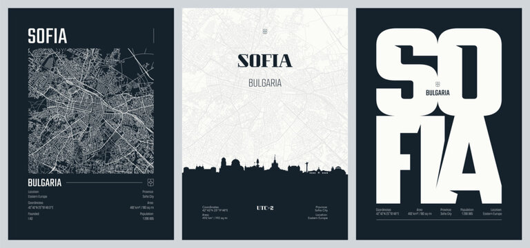 Set of travel posters with Sofia, detailed urban street plan city map, Silhouette city skyline, vector artwork, set 2