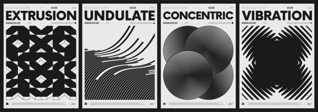 Modern abstract poster collection, vector minimalist posters with geometric shapes in black and white, brutalist style inspired graphics, bold aesthetic, shape distortion effect set 18
