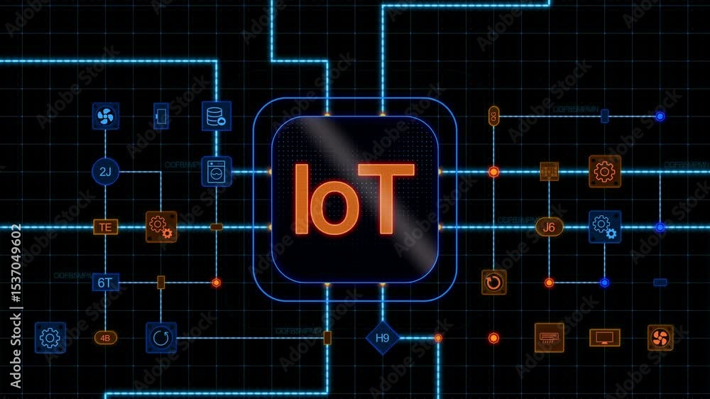 Poster orange iot at the center of a rounded rectangle with circuit, connections and blue grid on a dark ba