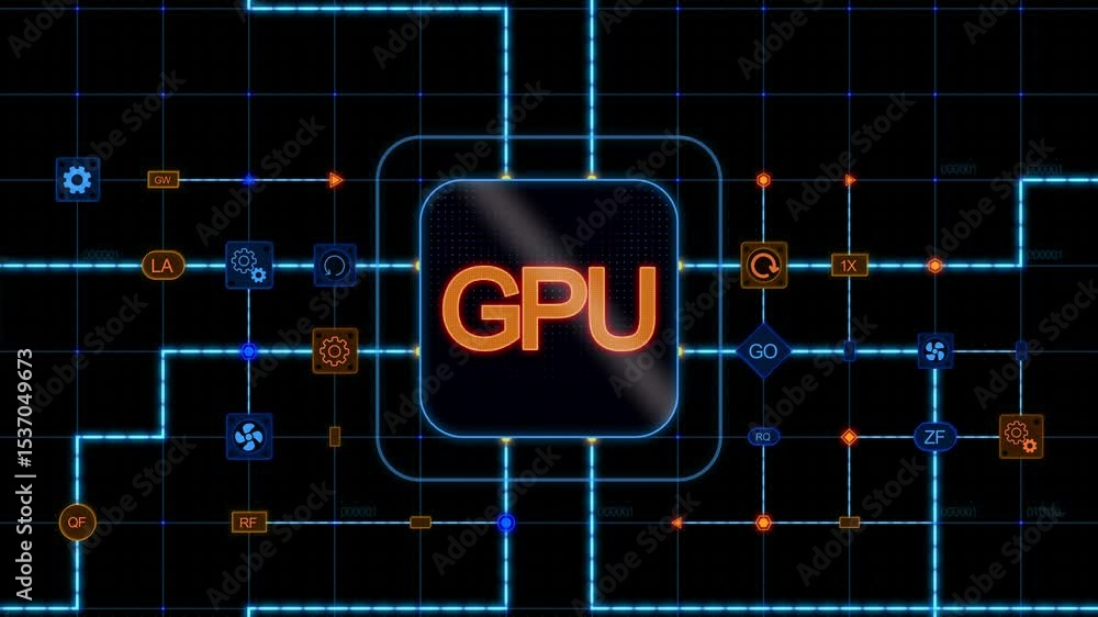 Poster orange gpu at the center of a rounded rectangle with circuit, connections and blue grid on a dark ba