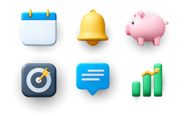 3D vector illustration pack of six business and finance icons—calendar, notification bell, piggy bank, goal target, chat bubble, and rising bar chart—isolated on white for apps, UI, infographics.
