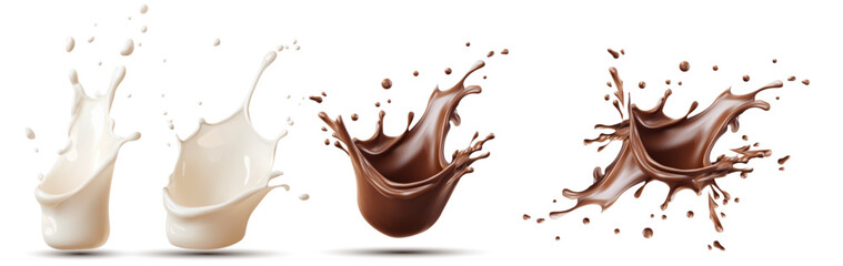 Realistic 3D vector set of white milk and dark chocolate splashes with droplets, dynamic liquid crown elements for food, drink or dessert design, isolated on white background.