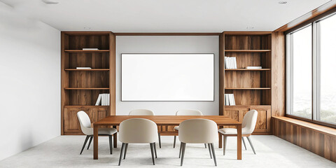 Elegant Dining Room Interior with Wooden Bookshelves Table Chairs and a Blank Canvas for Art Display or Mockup Design