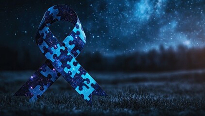 Awareness ribbon, puzzle pieces, night sky
