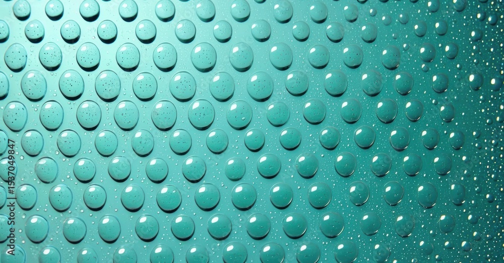 Poster aqua droplets cover surface. teal hues dominate, creating cool visual texture. bubbles reflect light