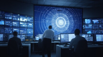 Dim-lit high-tech control room with three focused individuals monitoring multiple screens, central large display showing complex circular pattern, cool blue tones, serious atmosphere.