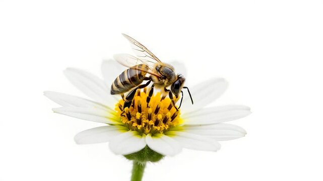 Close-up of a bee pollinating a flower in an agricultural setting with a white background