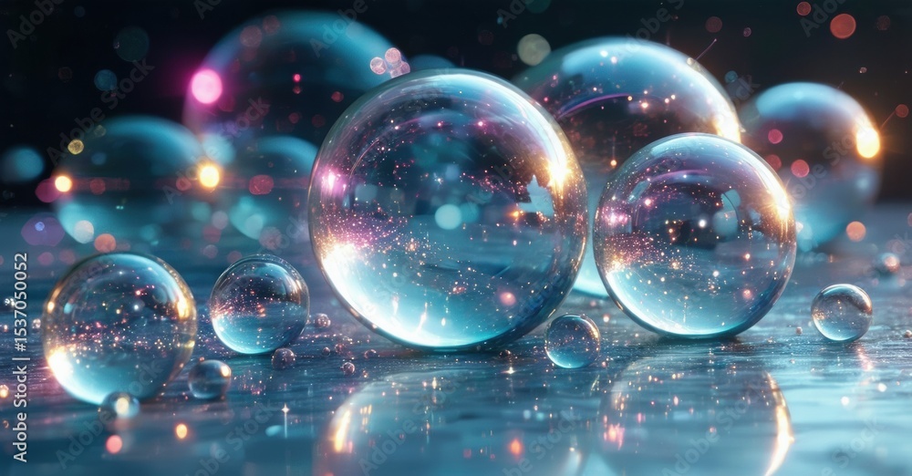 Poster Bubbles reflect light, creating vibrant colors. Sparkling particles float within spheres, resting on glossy surface. Dreamlike, ethereal scene.
