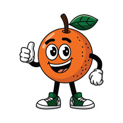 A cheerful cartoon orange character with big, expressive eyes smiling widely Orange has two legs and two arms
