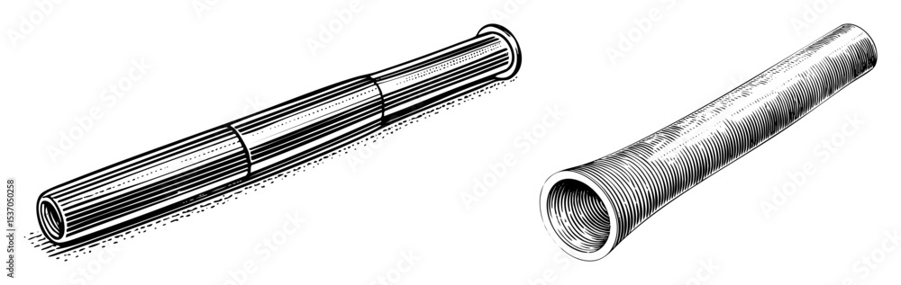 Poster vector two cylindrical pipeline components one with a flared end are illustrated in a vintage etchin
