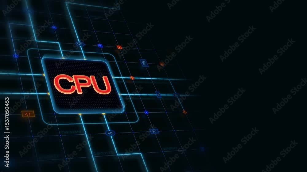 Poster red 3d cpu in a rounded rectangle with glowing circuit, line connections and blue grid at the left o
