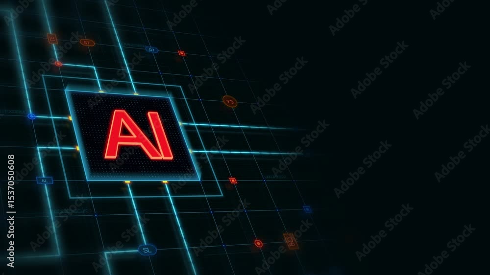 Poster red 3d ai in a square with glowing circuit, line connections and blue grid at the left of a dark bac
