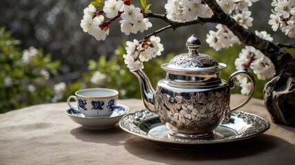 Decorative silver tea cup with white flowers, prunus tree blossoms and glowing lantern.