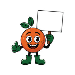 A happy, cartoon orange character with big, expressive eyes, a smiling mouth, and green gloves and boots.
and is holding a blank white sign with one hand while giving a thumbs-up with the other.