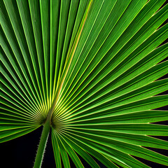 Fototapeta premium Fiji fan palm leaves at 90° showing parallel veins and bifid tips with UV fluorescence, 8K