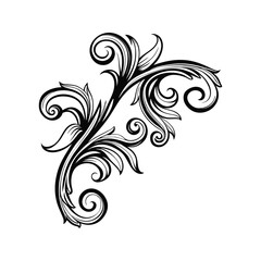 Black Swirling Floral Ornament Silhouette Isolated White Background Elegant Vintage Style Design Element