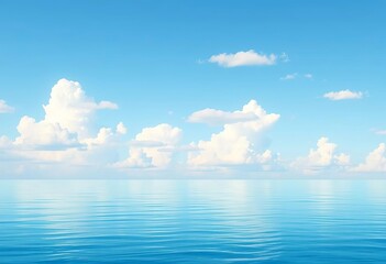 Obraz premium Flat vector illustration of a calm blue ocean scene under a summer sky with flat clouds, coastal, panorama