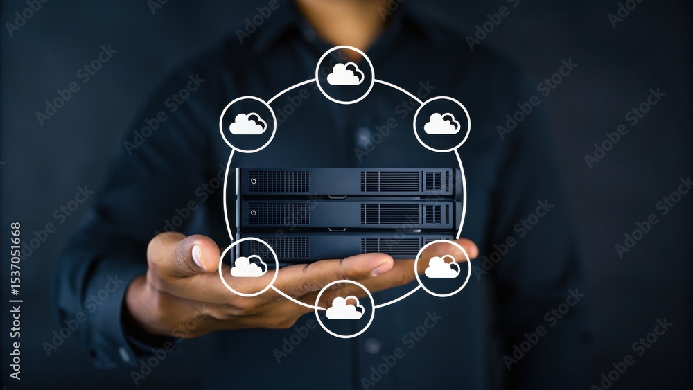 Poster a person holds server hardware with digital cloud icons, representing cloud computing and data stora