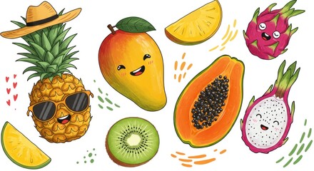 A vibrant, hand-drawn illustration of various tropical fruits like pineapple, mango, papaya, kiwi, and dragon fruit arranged in a playful composition with bold colors and a white background