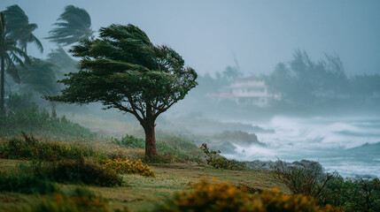 A tree bending in the wind near the ocean on a cloudy day.