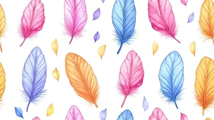 Watercolor Feathers Seamless Pattern in Soft Pastel Colors