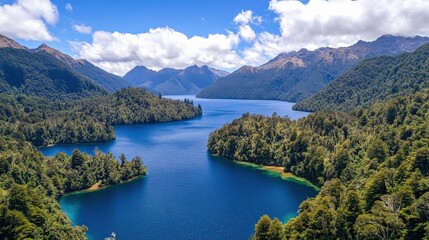 Fototapeta premium Breathtaking Aerial View of a Serene Lake Surrounded by Lush Green Forests and Majestic Mountains Under a Bright Blue Sky with Fluffy White Clouds