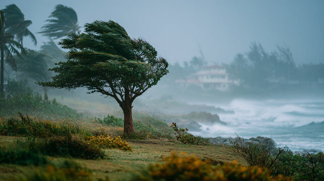 A tree bending in the wind near the ocean on a cloudy day. - Powered by Adobe