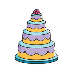 Five Tier Pastel Wedding Cake Vector Illustration Purple Yellow Teal Pink Flower Decoration Isolated White Background
